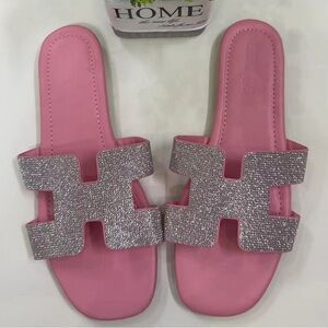 Pink Rhinestone Slide Sandals - Size 9